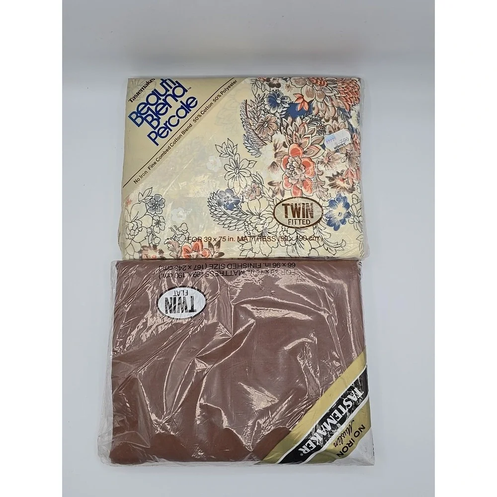 2 Set Vtg Tastemaker NEW NOS Twin Fitted + Flat‎ Sheets - Floral & Brown